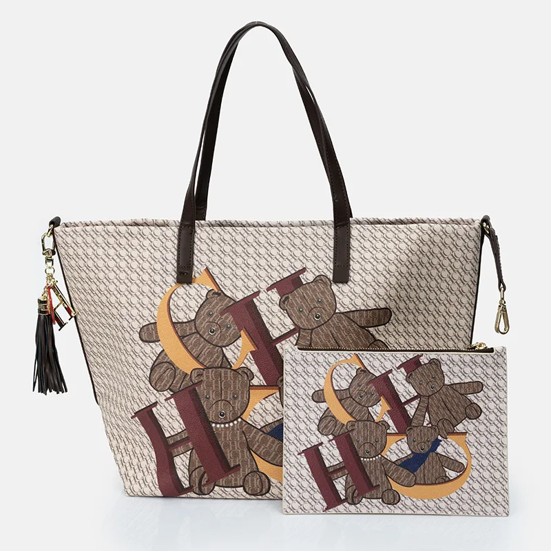 

CH Women's Bucket Bag Cute Bear Printing Casual Versatile Premium Sense Retro Design Large Capacity Fashion Ladies Handbag
