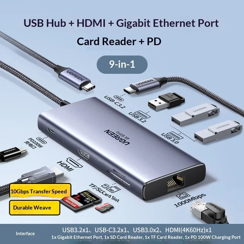 UGREEN CM639 15532 9 in 1 USB C Hub 10Gbps Docking Station 4K 60Hz HDMI Gigabit Ethernet SD TF PD 100W