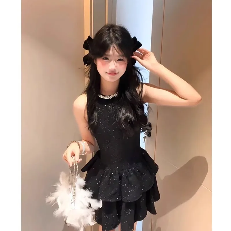 

Женское черное мини-платье во французском стиле с блестками, без рукавов, элегантное, с многоярусными оборками, для вечеринки