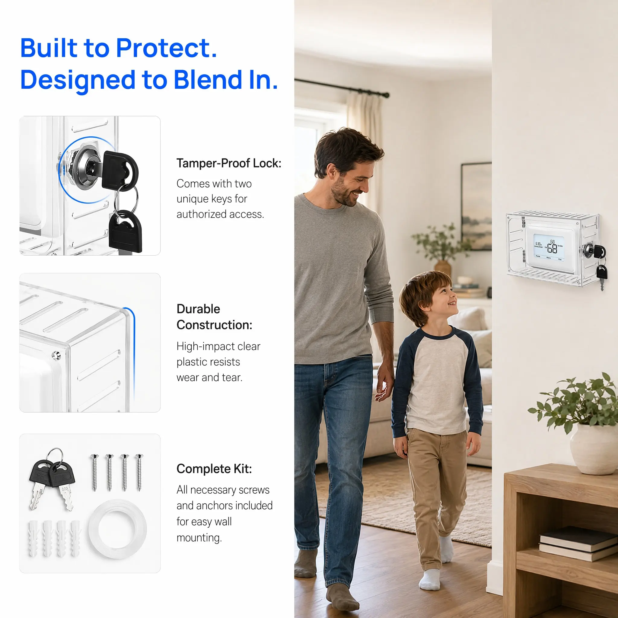 Thermostat Transparent Key Lock Security Case Strong Plastic Thermostat Protector Wall Mount Lock Box Cover with Key