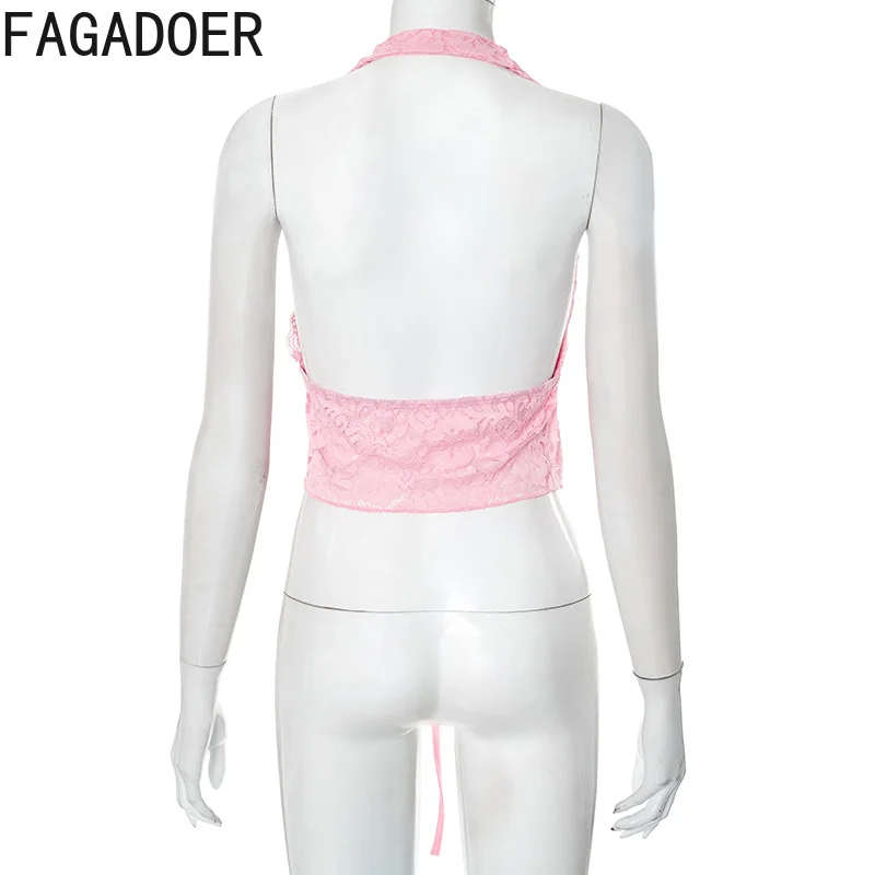 FAGADOER Y2K Sexy Lace Backless Patchwork Tank Top Women Pink Spaghetti Strap Deep V Crop Tops Female Streetwear Clothing New