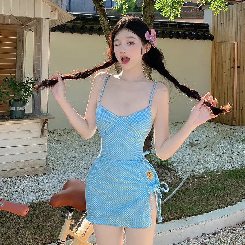 Swimsuit Female 2025 Bikini Set Mayo Outing Women Sports Outlet Playa Korean Fresh Plaid Sweet Little Jumpsuit With Small Chest