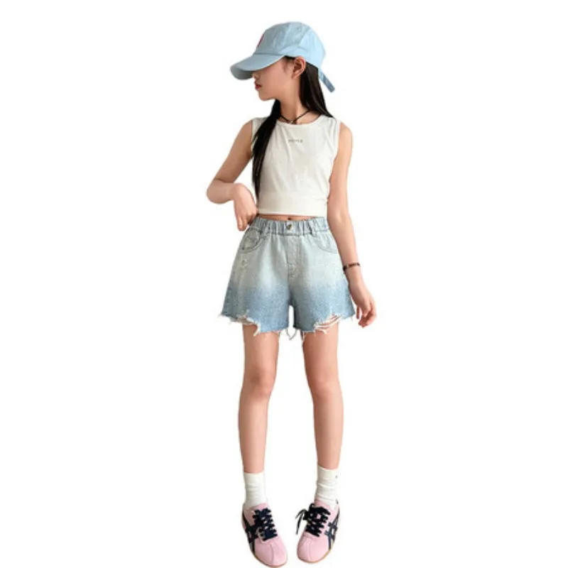 Wholesale Girls Summer Thin Raw Hem Ripped Rhinestone Denim Shorts Middle Big Kids Chic Loose Three Quarter Pants