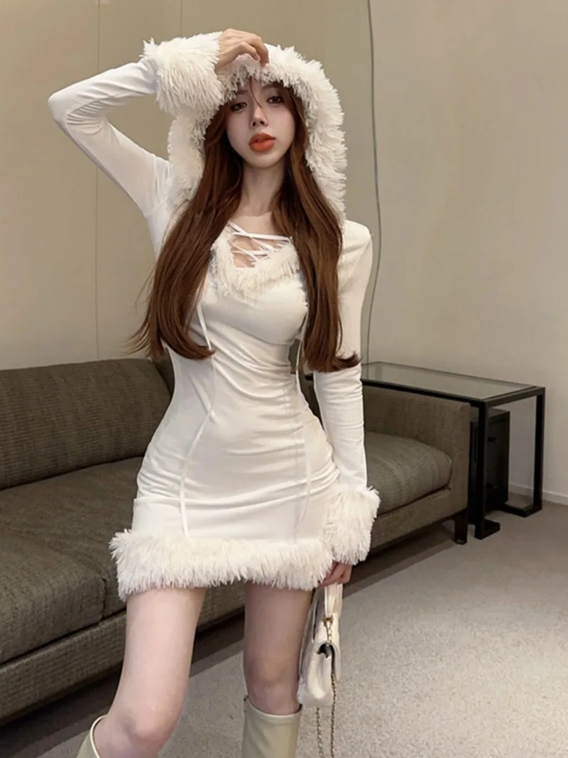 White Bodycon Woman Dress Tunic Fashion Autumn Robe Femme Y2k Clothing 2024 Vestidos De Mujer Hooded Long Sleeve Mini Dresses