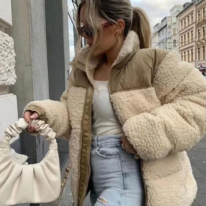 Women Solid Lapel Lamb Wool Wram Jacket Elegant Round Neck Long Sleeves Pockets Coat 2024 Autumn Winter Fashion Warm Outerwear