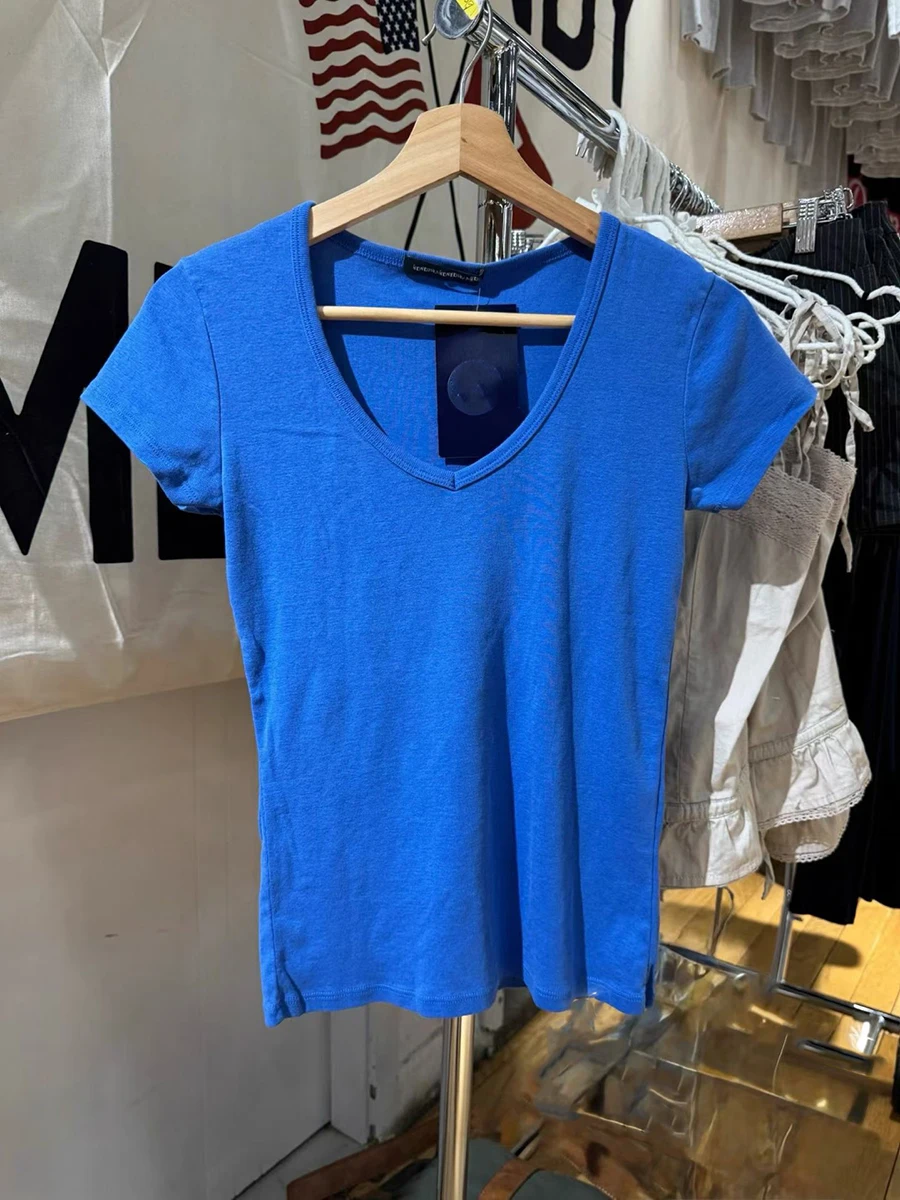 Royal Blue V-neck T-shirts Women Summer Cotton Slim Casual Streetwear Short Sleeve Tees Sweet Vintage Chic Tshirt Y2K