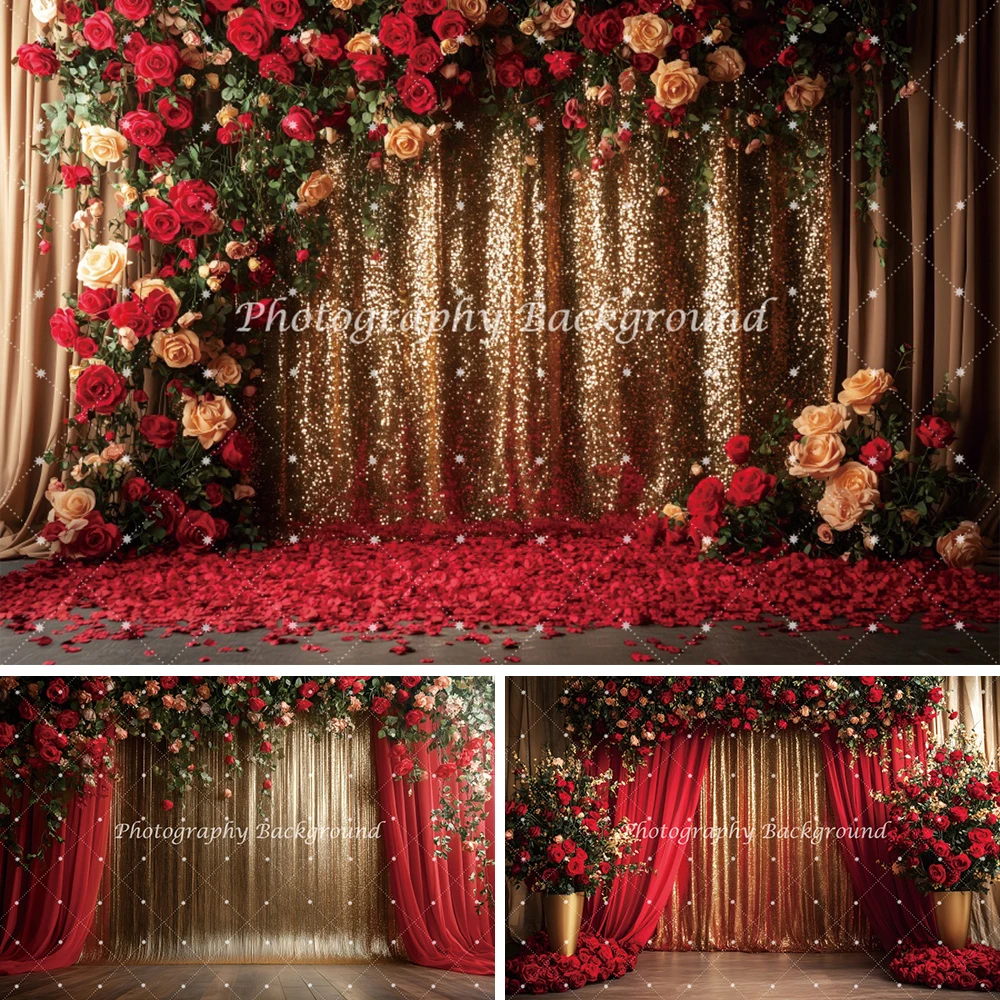 

Red Rose Gold Curtain Wedding Photography Background Adult Birthday Party Bridal Portrait Backdrop Photo Studio Shooting Props