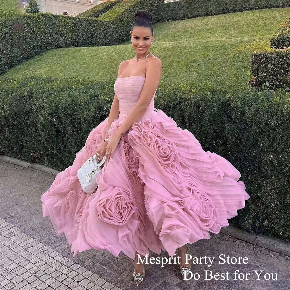 Mesprit Saudi Evening Dresses Customized Strapless Sleeveless Ruffles A Line Cocktail Party Gown Formal Dress فساتين سهرات