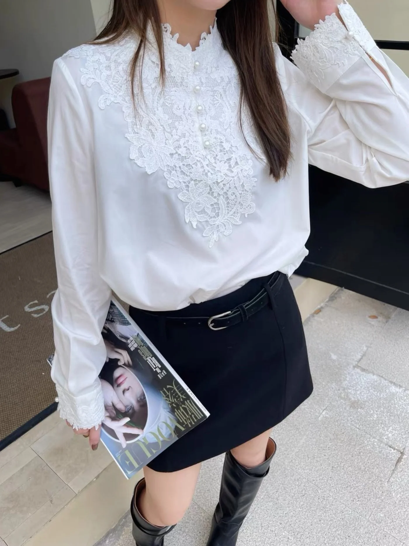 

Ele Embroidered irt Casual Stand Collar Splicing Lace Pearl Button Loose Fit Long Sve Daily Wear for Women