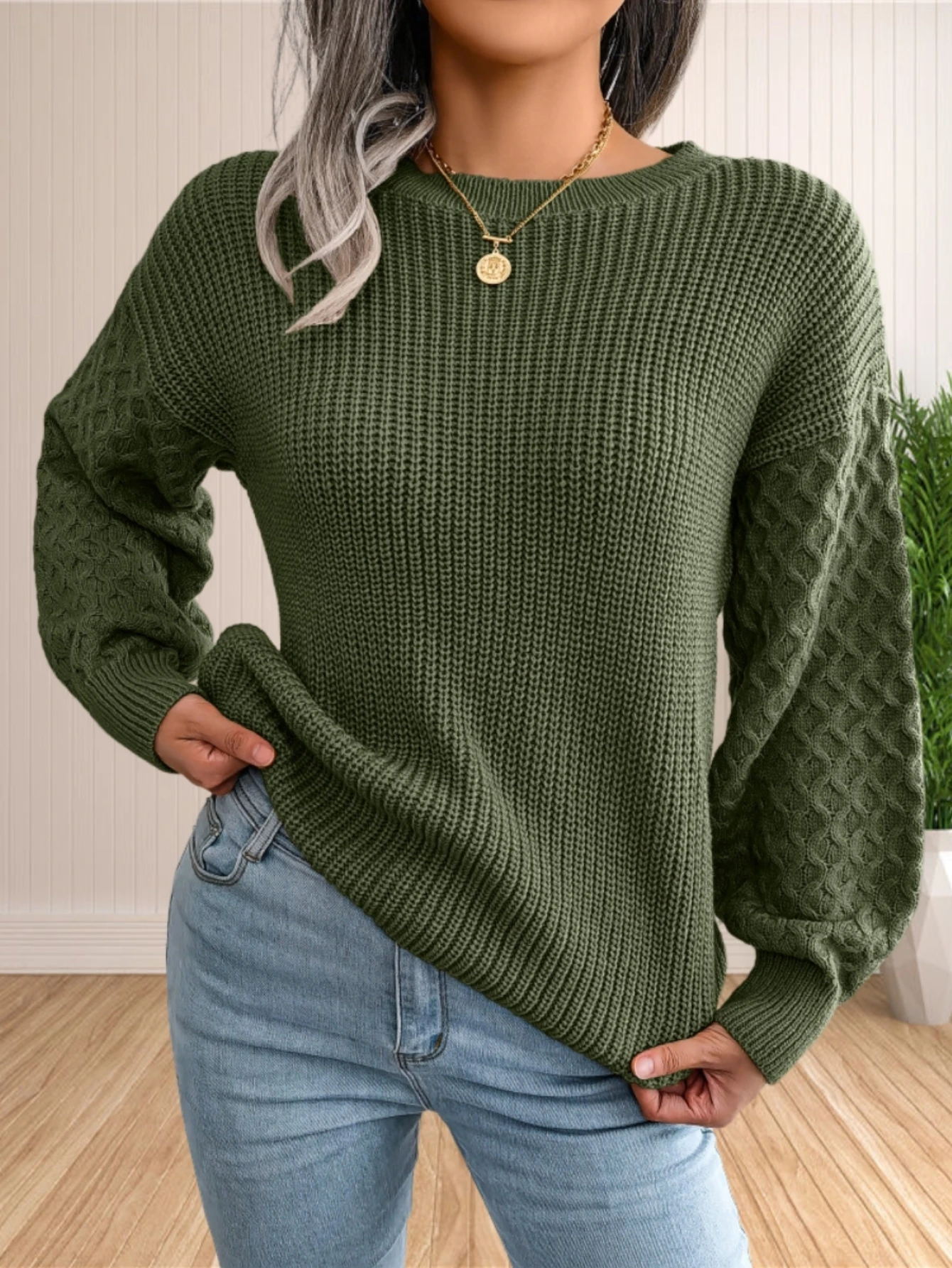 Sweater for Women Cable Knit Crew Neck Long Sleeves Fashion Casual Pullover Sweater Tops