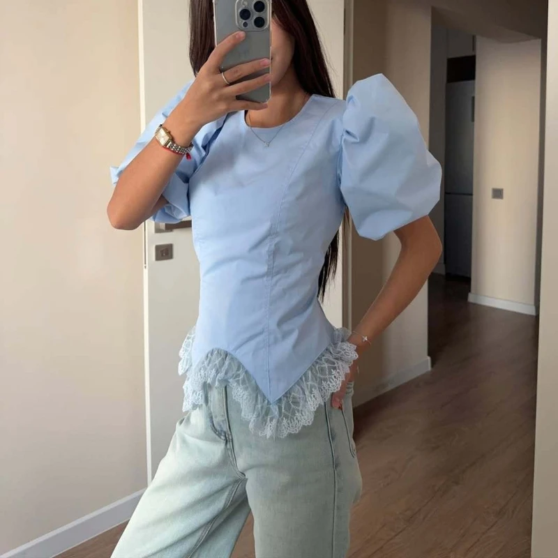 

Женская блузка TARUXY с пышными рукавами и кружевом, однотонная, с круглым вырезом, с завязками на талии, модная футболка с коротким рукавом, летний топ для повседневной носки