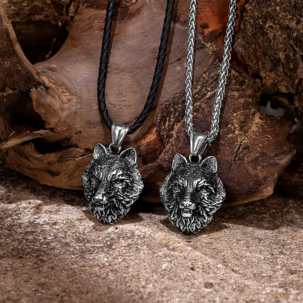 Vintage Viking Wolf Head Necklaces Men Norse Mythology Odin's Wolf Totem Amulet Stainless Steel Pendant Punk Jewelry Boys Gifts