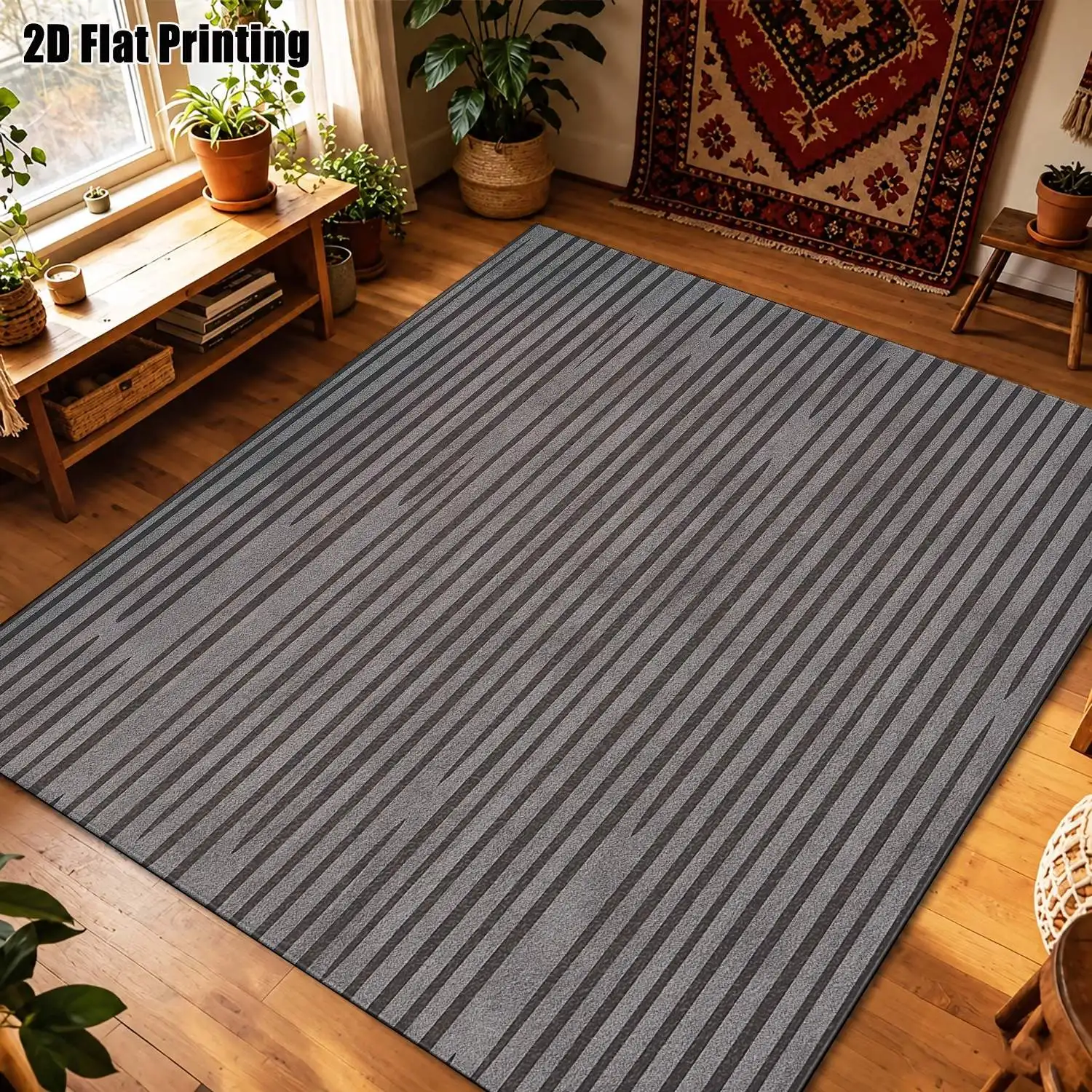 1Pc 2D Printed Gray-Black Striped Nordic/Instagram Style Modern Minimalist Geometric Striped Carpet, Home Decor Floor Mat, Multiple Sizes, Machine Washable, for Entrance, Dining Room, Foyer, Bedroom, Living Room