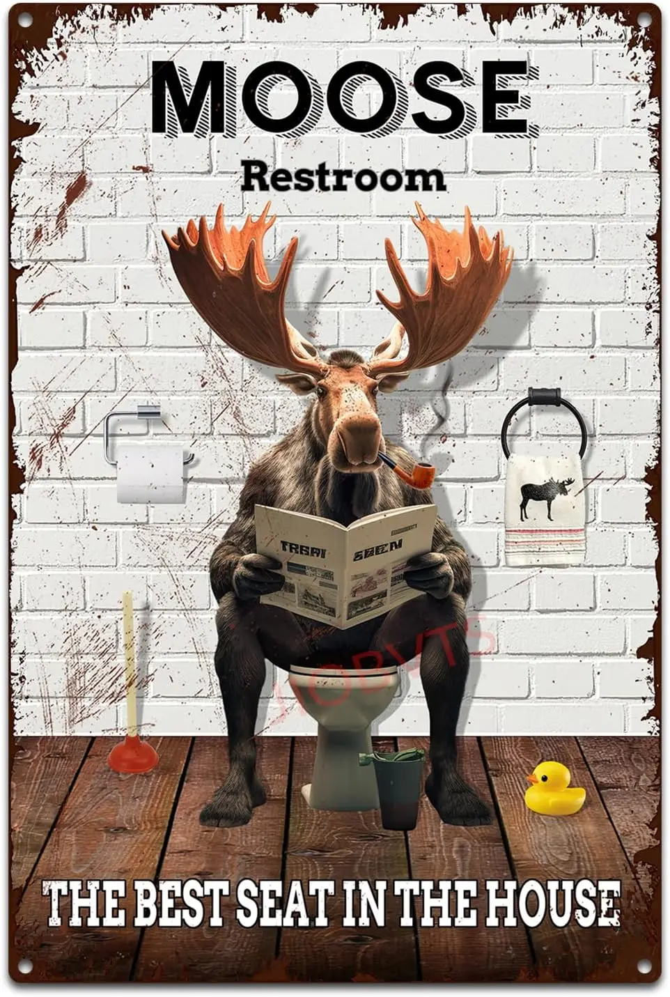 Vintage Moose Reading News Tin Sign Moose Lover Gift Funny Bathroom Decor Toilets Wall Sign Restroom Metal Sign for Home