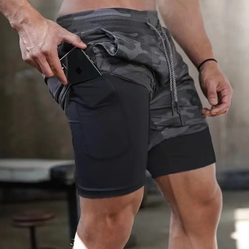 Korean Style Running Shorts Breathable Quick-drying Sweatpants Men's Double-layer Quick-drying Fitness Sports Four-point Shorts