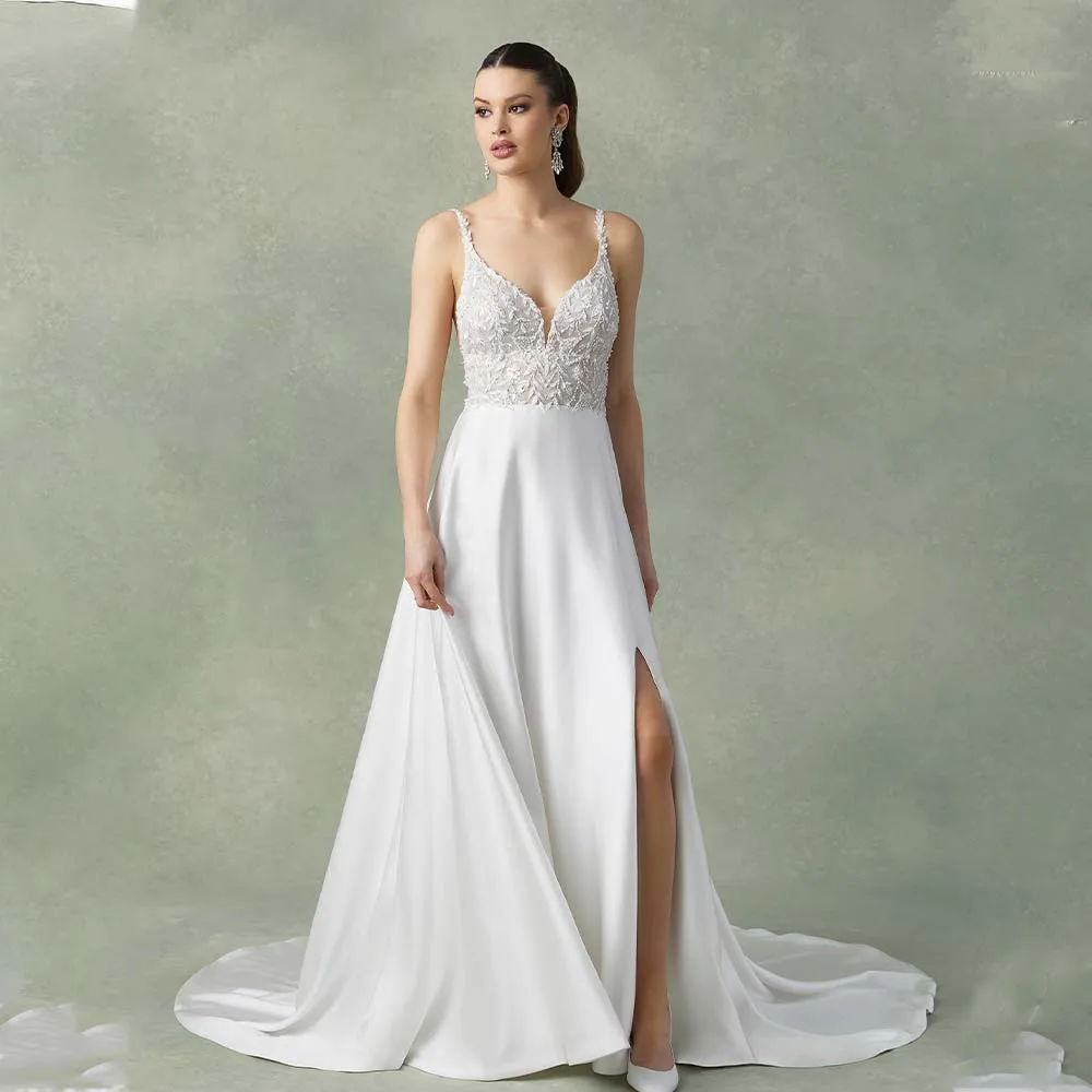 

Elegant Two Straps V-neck Lace Applique Chiffon A Line Wedding Dresses Backless Custom Made 2024 Rode De Morrie