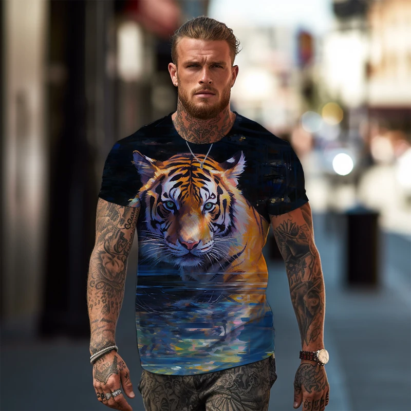 Summer Sports Fitness T-shirt Ferocious Tiger 3D Printing T-shirt Fashion Casual T-shirt Hot Sale Fashion Street T-shirt