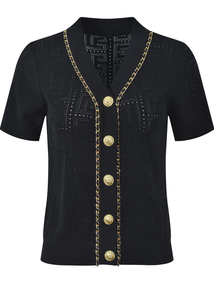 

Высококачественный европейский летний повседневный универсальный однорядный вязаный открытый кардиган с цепочкой и V-образным вырезом, антивозрастной ort Sve T...