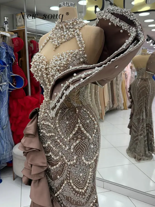 

Новые коричневые вечерние платья-русалки с рюшами, кристаллами и жемчугом, расшитые бисером, для официальных мероприятий, выпускных вечеров и вечеринок в Дубае, на заказ, 2026 год