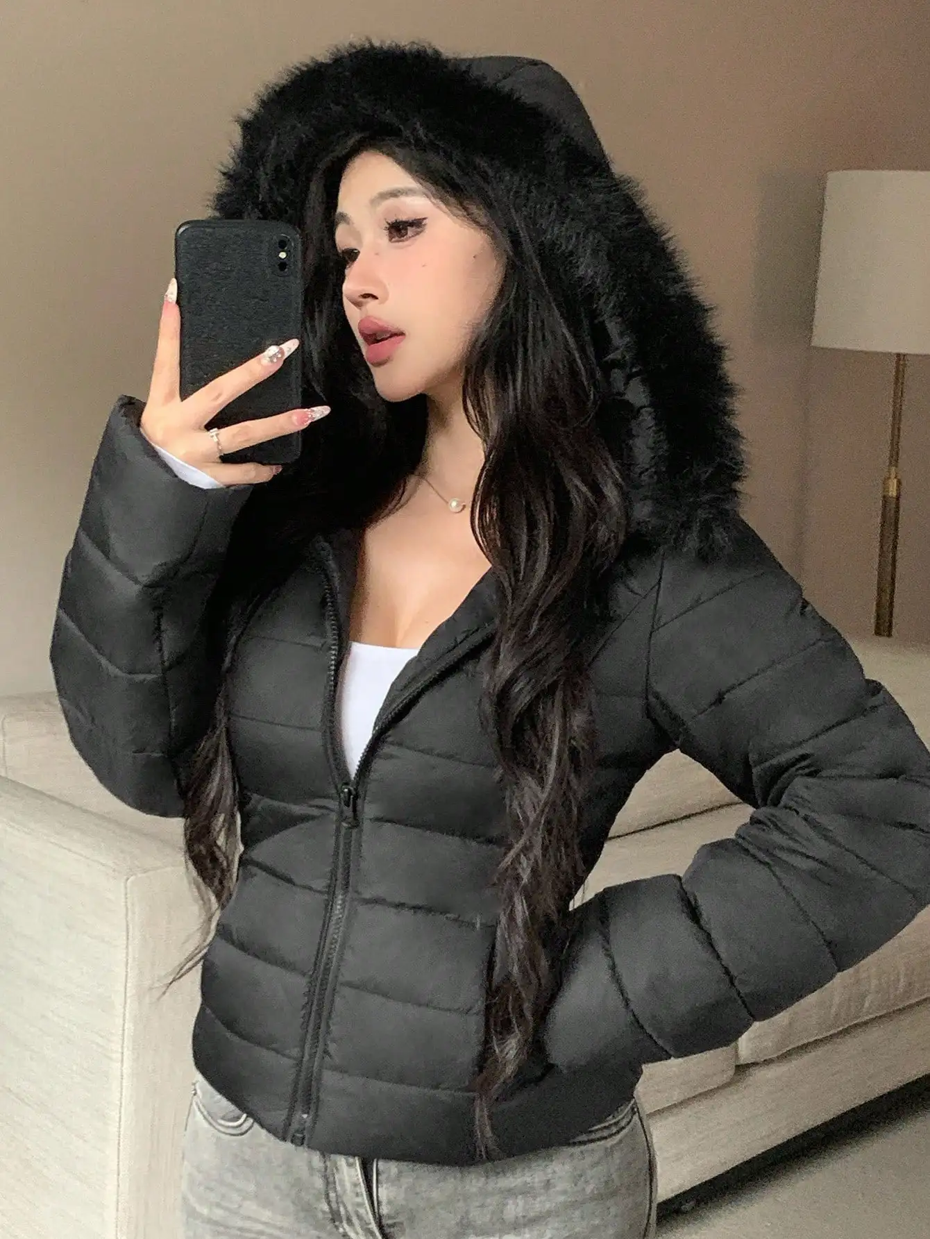 Women's Black Puffer Jacket with Faux Fur Hood, Zip-Up Winter Coat for Casual Wear