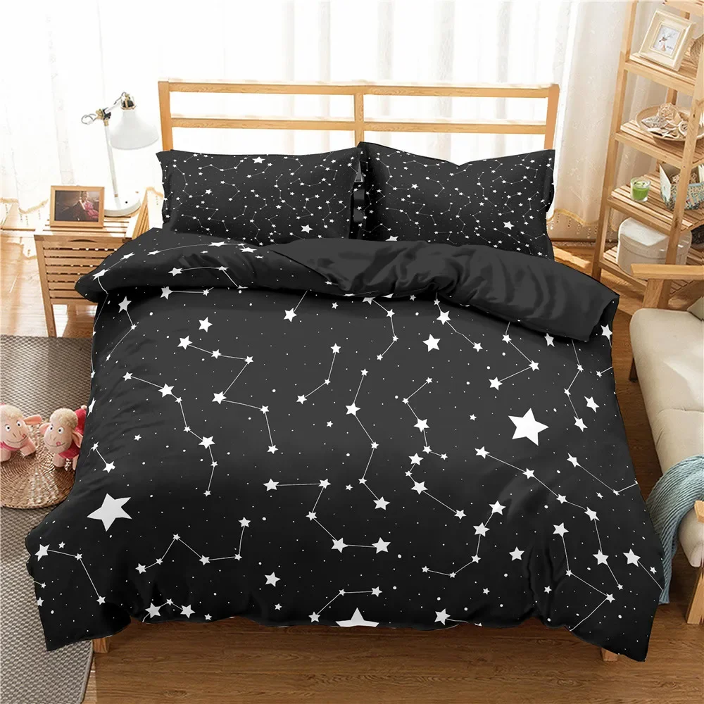 Juego de cama Star individual, doble, Queen, 2/3 Uds., funda de cama de poliéster con cielo nocturno, funda nórdica para niños, ropa de cama de galaxia azul oscuro