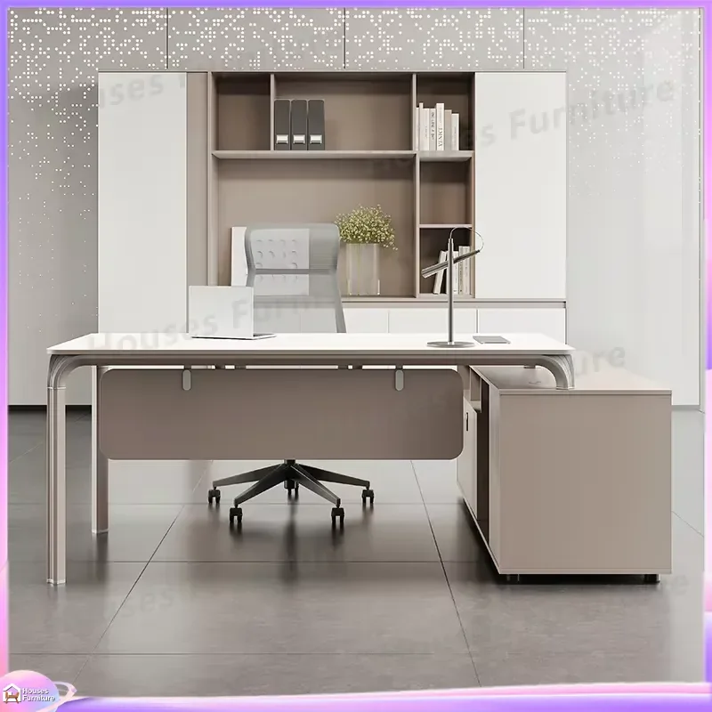 Modern Executive Desk with Side Table and Lockable Cabinet Durable Wooden Office Desk Computer Workstation Home Office