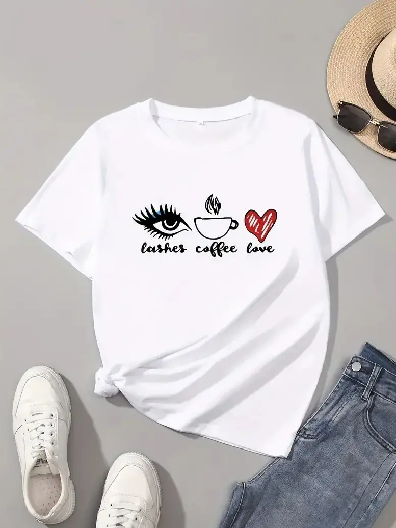 Lashes Coffee Love Pattern T-shirt Street Fun Retro Women\'s T-shirt Fashion Casual Summer Top Harajuku 2024 New