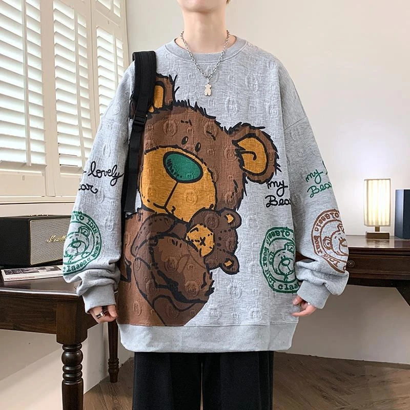 Spring Autumn Trend Men's Drop Shoulder Sweatshirt Print Crew Neck Hoodie Brand Pullover Casual Male Tops Hoodies