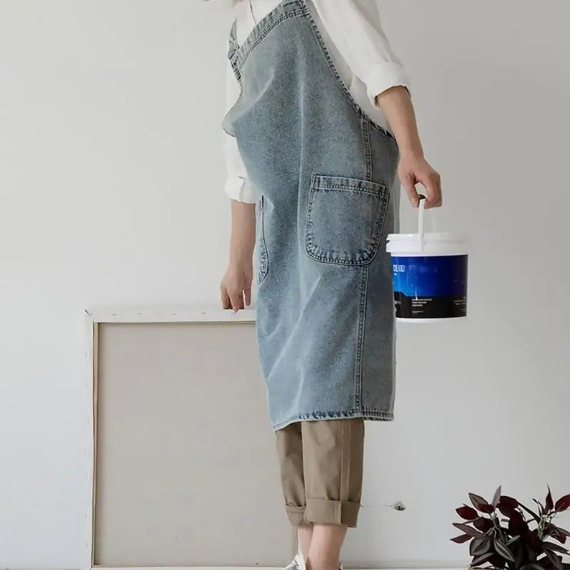 

Джинсовый кухонный фартук для женщин, фартук для умываемых хлопчатобумажных джинсов, полное покрытие приготовление фартука длина