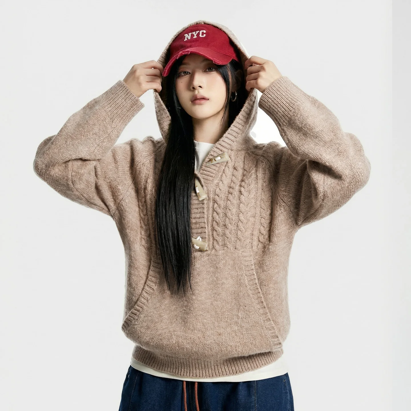 Maden Women's Toggle Button Knit Sweater Autumn Winter Thick Warm Loose Preppy Style Pullover Outerwear Casual Knit Top