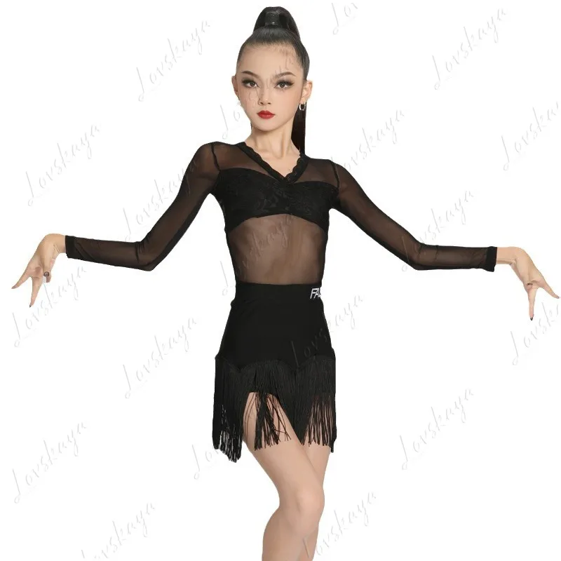 

Girls' Latin Dance Outfit, Children's Practice Performance Separate Outfit, Latin Fringed Training Clothing