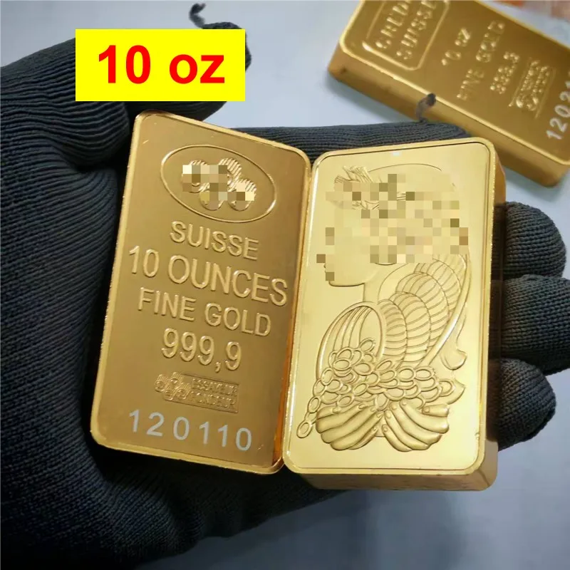 

Newest 10 oz Suisse Gold Bar Lady Gold Bullion Non Magnetic Brass 24k gold-plated Bullion With Different Serial Laser Numbers