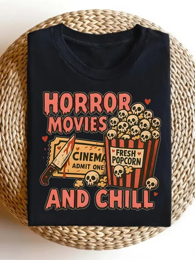 Horror Movie Theme Illustration Graphic Tee with Knife Ticket Popcorn Skull Print T-Shirt Women'S Summer Short Sleeve Round Neck