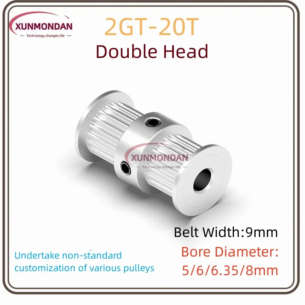 Xungmondan GT2 2GT 20 Teeth Double Head Aluminum Pulley Bore 5mm 6mm 6.35mm 8mm Width 9mm Timing Wheel for 3D Printer