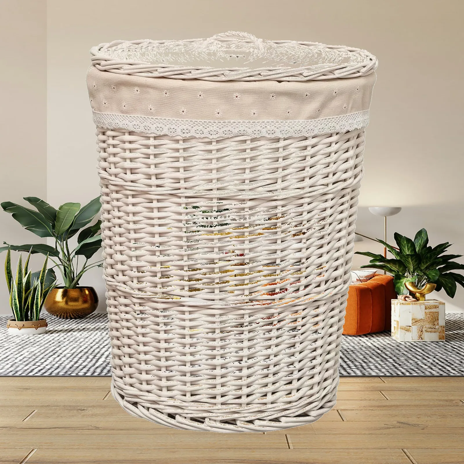 Woven Willow Laundry Hamper with Lace Fabric Overlay and Snug Lid for Bedroom Bathroom Portable Clothes Basket