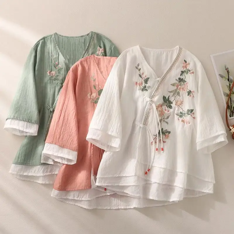 Summer Mid-sleeve Embroidered Slanted Collar Cardigan Shirt for Women Vintage Chinese Retro Spliced Pure Cotton Fake Two-piece