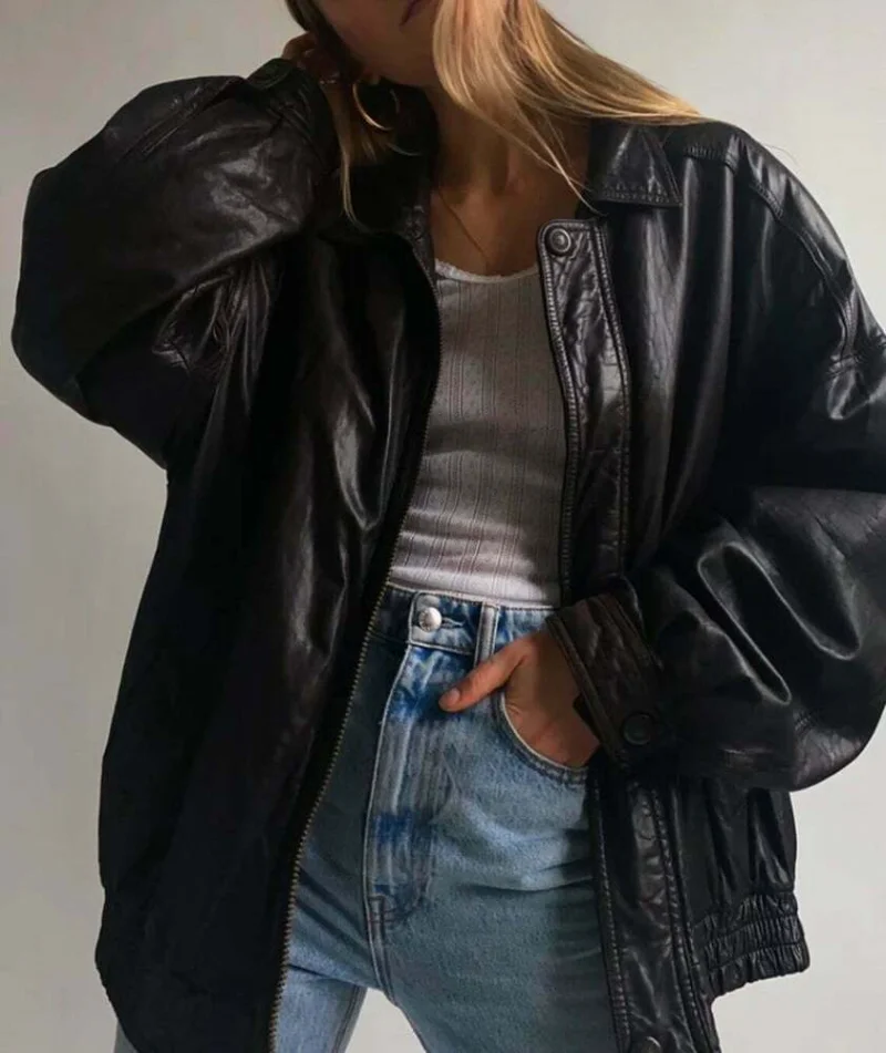 Women Fashion Leather Jacket Vintage Leather Oversized Bomber Jacket Outfit