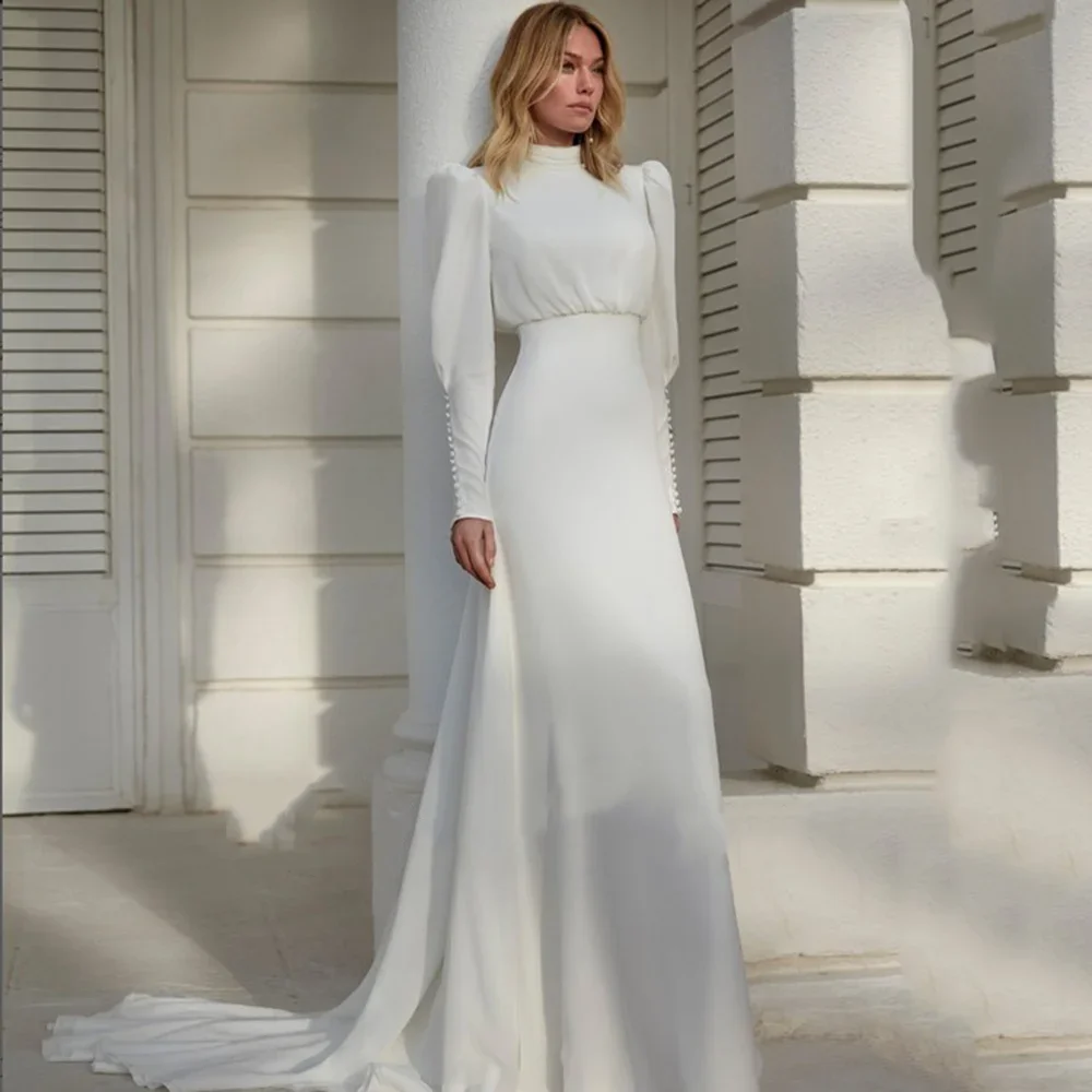 Modern High Collar Long Sleeve White Wedding Dress Women's Long Lantern Sleeve A-Shaped High Waist Bride Dress Customization