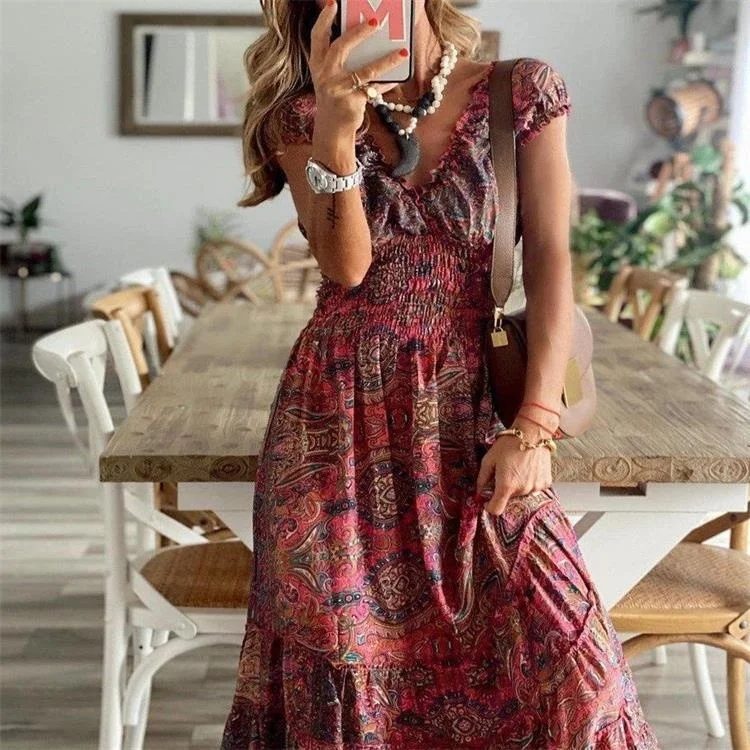 Women's Casual Bohemian Flower Large Women's Dress Elegant Party Summer Tight Dress Beach Dress Women's