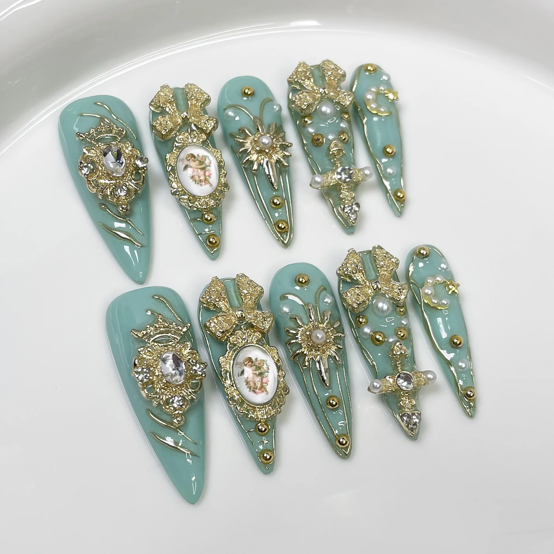 

10 шт. Накладные ногти ручной работы с длинными заостренными кончиками, в ретро-религиозном стиле, европейский хэви-метал, готика, панк, искусственные ногти