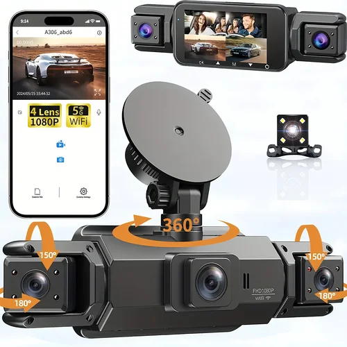 Dashcam 4 canales wifi coche dvr cámaras de salpicadero para coche caja trasera modo de estacionamiento 24h interior delantero y trasero 360 dash cam