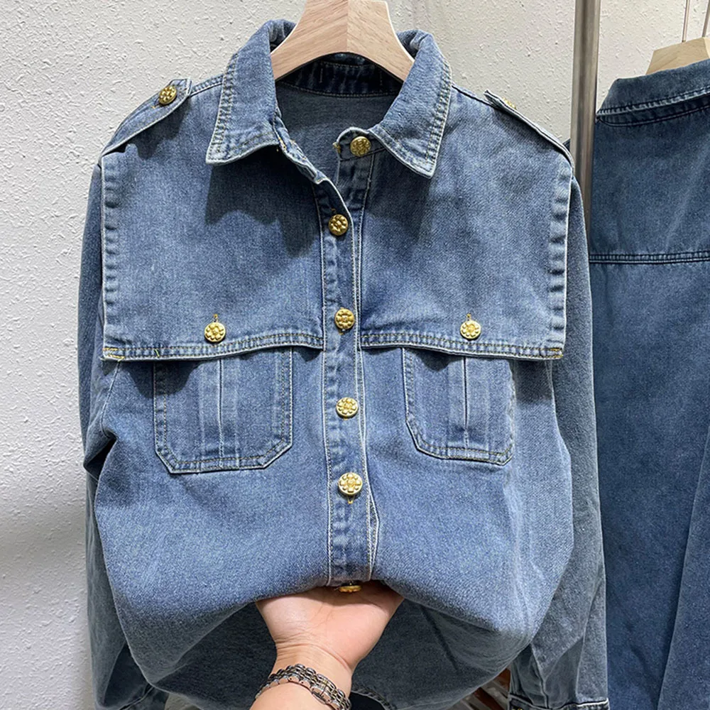 High Quality Fashion Women\'s Blouses And Shirts 2023 Runway Luxury Brand Denim Blouse Ladies Shirt Autumn Jean Women\'s Clothing