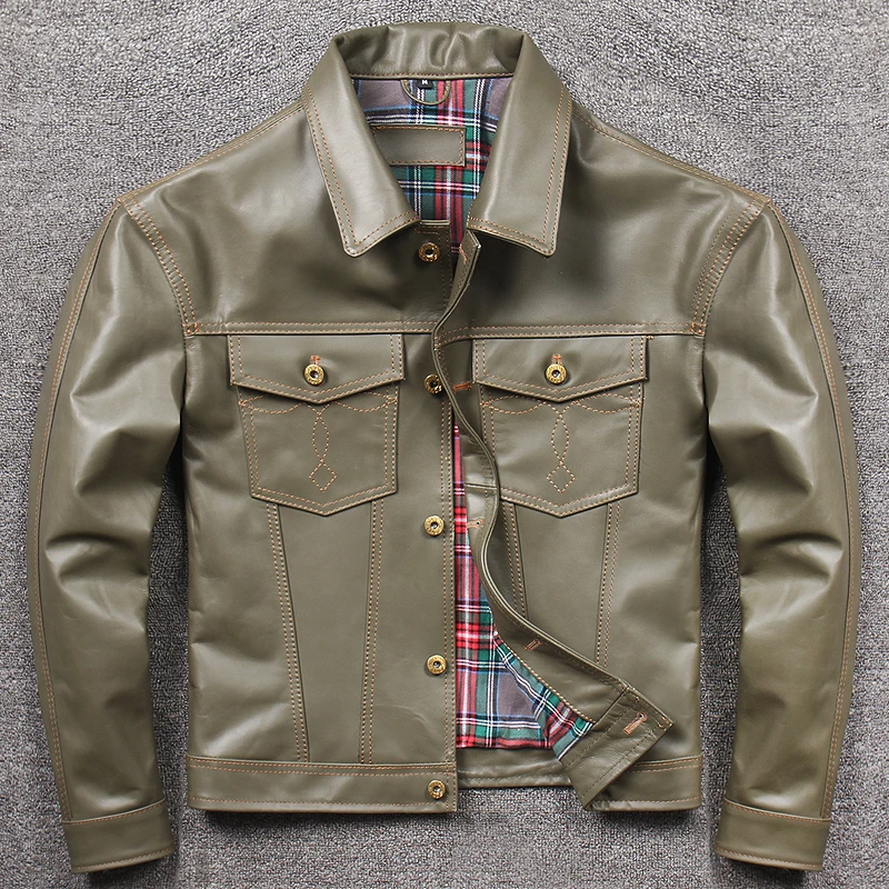 

Окрашенная воском джинсовая куртка из натуральной кожи для мужчин, рабочая одежда в стиле милитари, повседневная осенняя верхняя одежда