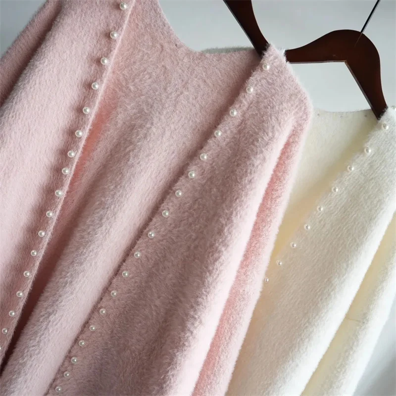 Koreaanse Vrouwen Losse Imitatie Nertsen Bontjas Dame Mode Vest Trui Herfst Winter Vrouwelijke Middellange Stijlen Gebreide Jas