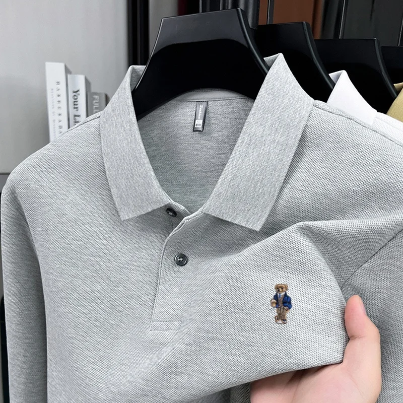 

100% pure cotton men's fashion brand autumn long sleeved polo shirt design, big bear business casual T-shirt