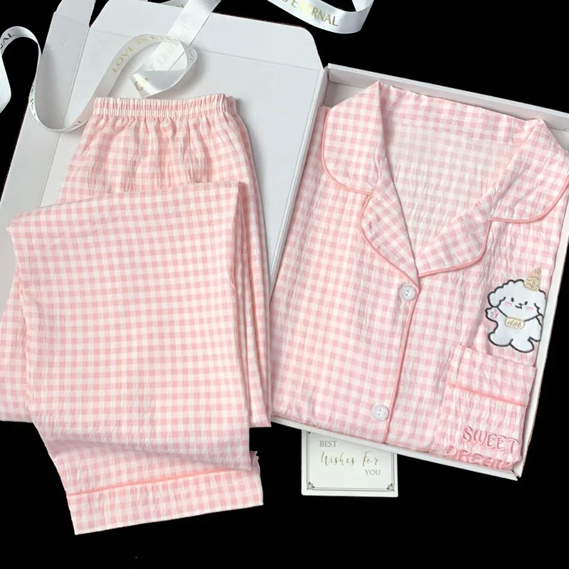 

Ночное белье, женские пижамы с длинными рукавами, розовая клетчатая мягкая домашняя одежда с рисунком щенка, международное студенческое осенью и зимой