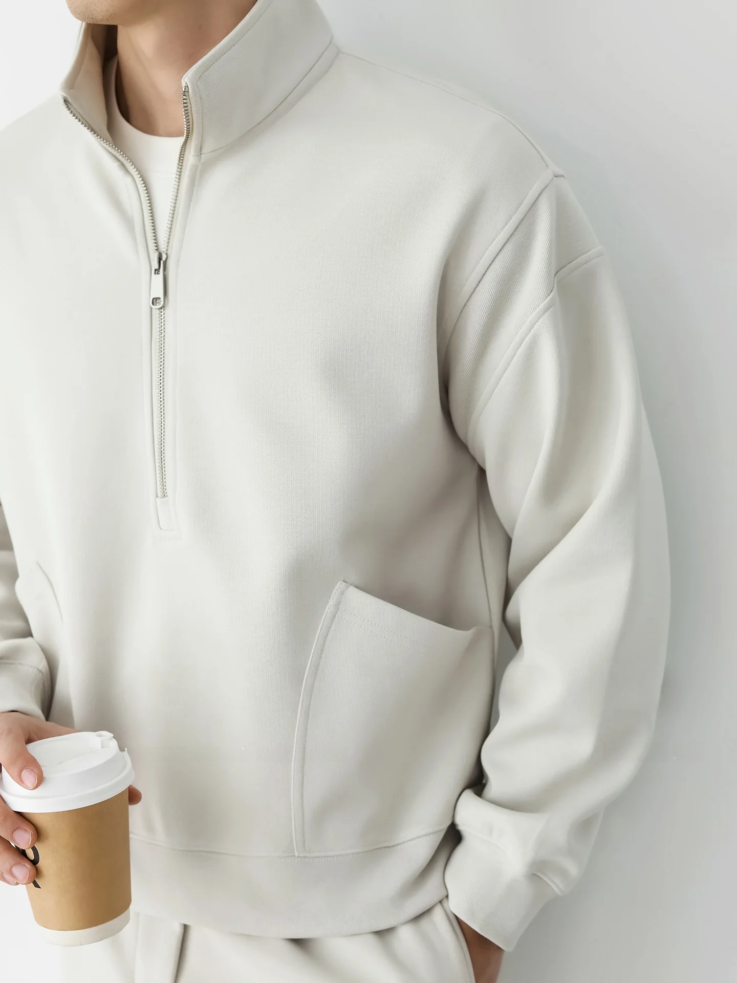 American Style Heavyweight Long Velvet Cotton Half Zipper Stand Collar Sweatshirt Men's Casual Commute Long Sleeve Jacket