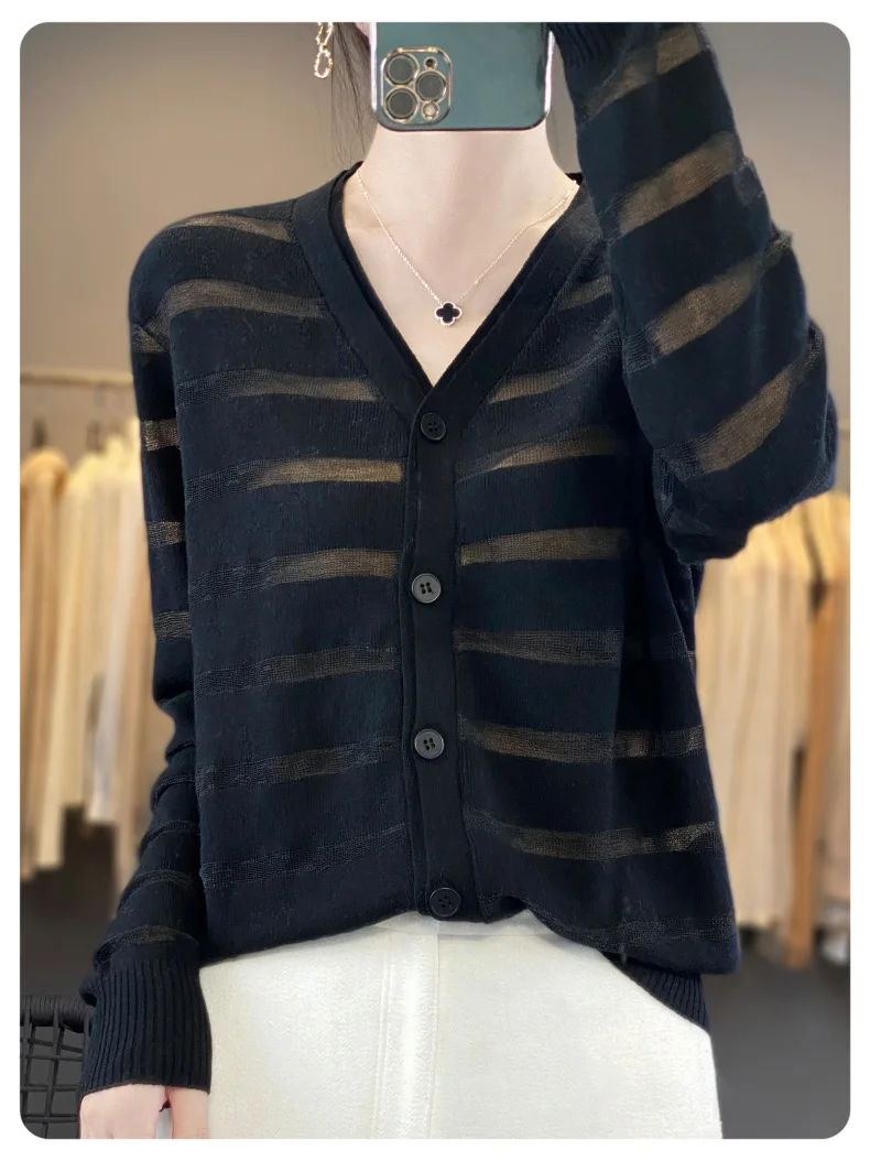 Autunno inverno di grandi dimensioni in lana Merino Cardigan da donna con scollo a v lavorato a maglia capispalla manica lunga Top sottile Sexy leggermente trasparente