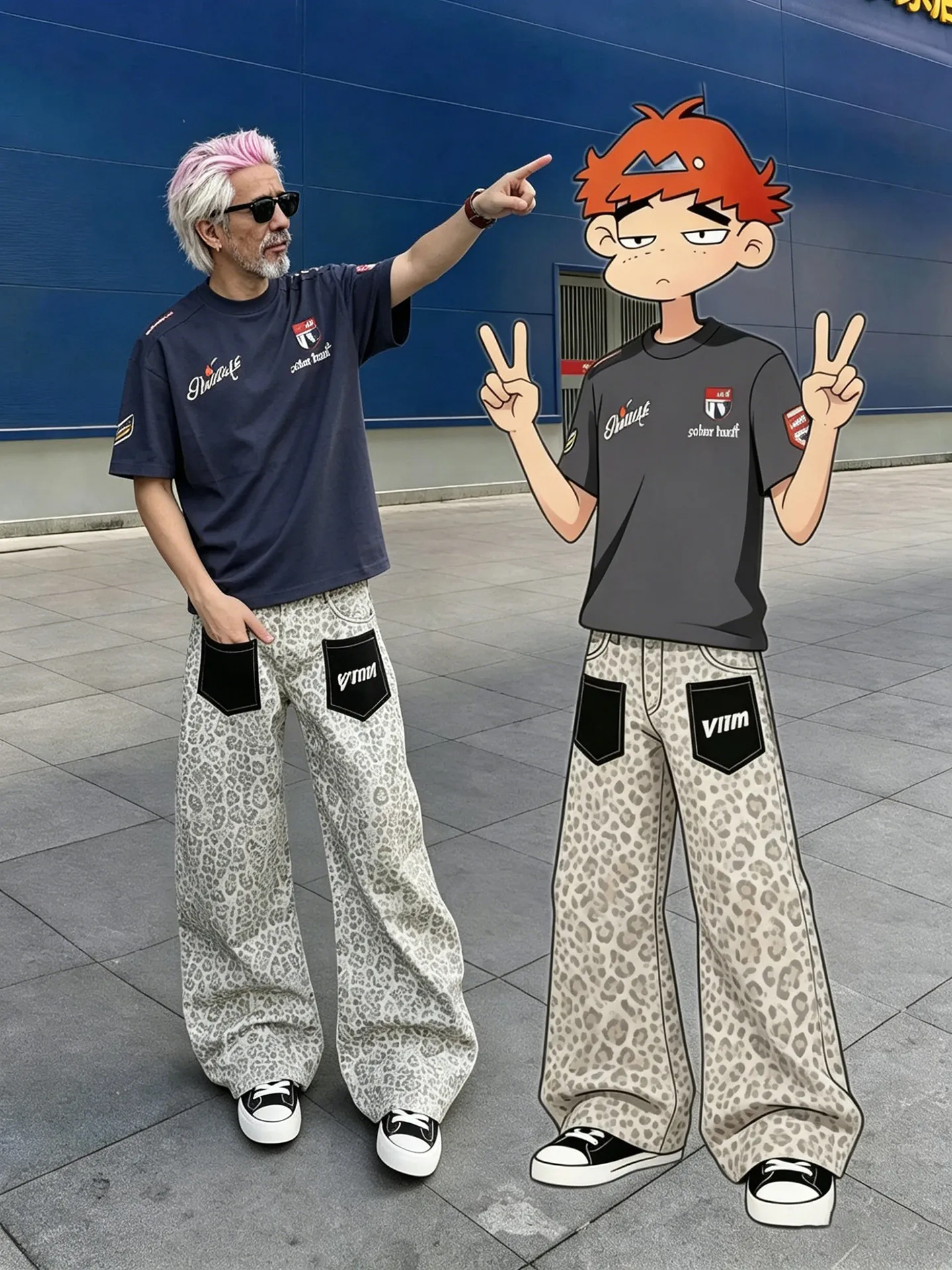 American High Street Retro Leopard Print Patch Pocket Jeans Men Loose Straight Leg Design Sense Long Pants Trendy