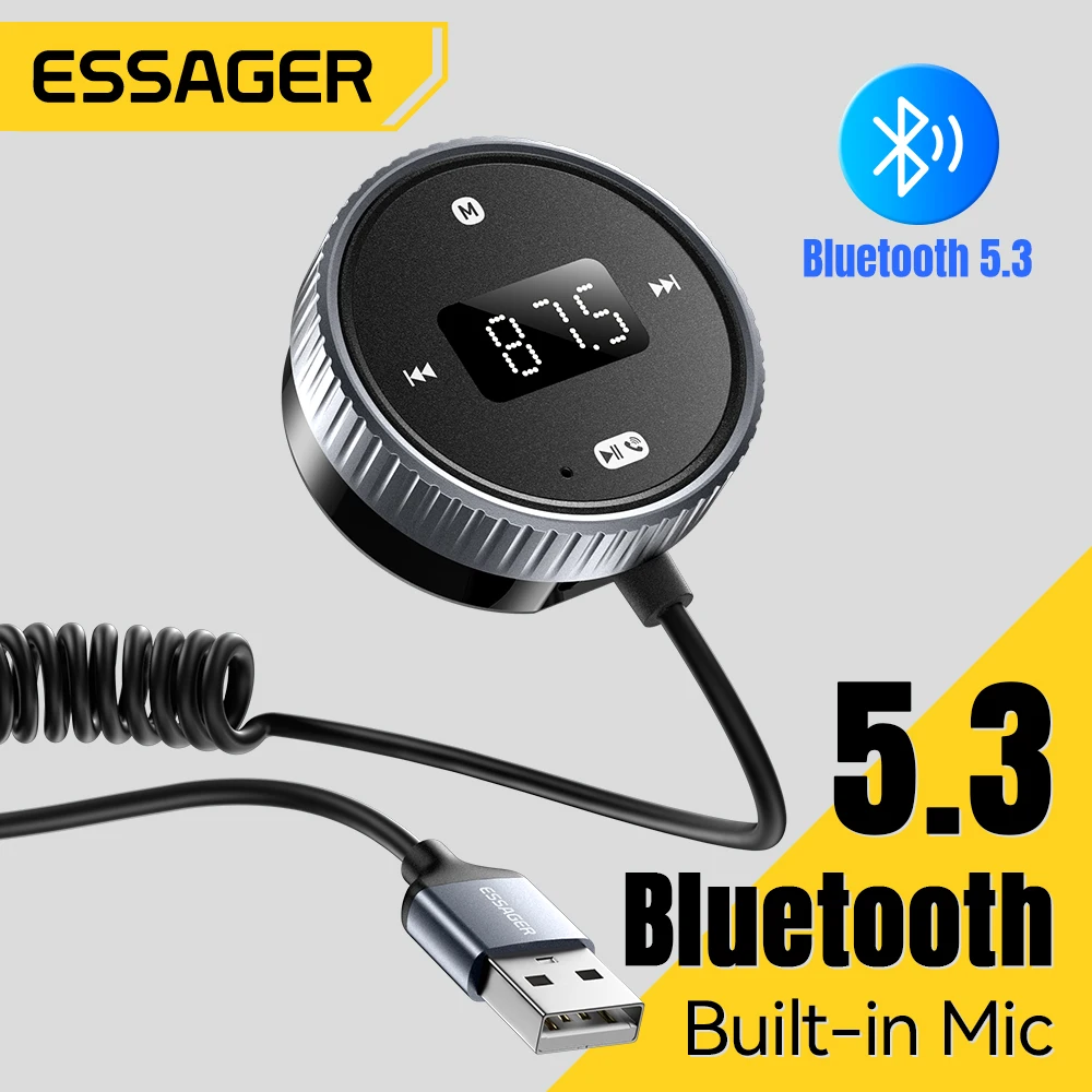 Essager carro bluetooth 5.3 transmissor fm microfone embutido handsfree display led 3.5mm aux adaptador mp3 leitor de música com slot para cartão tf
